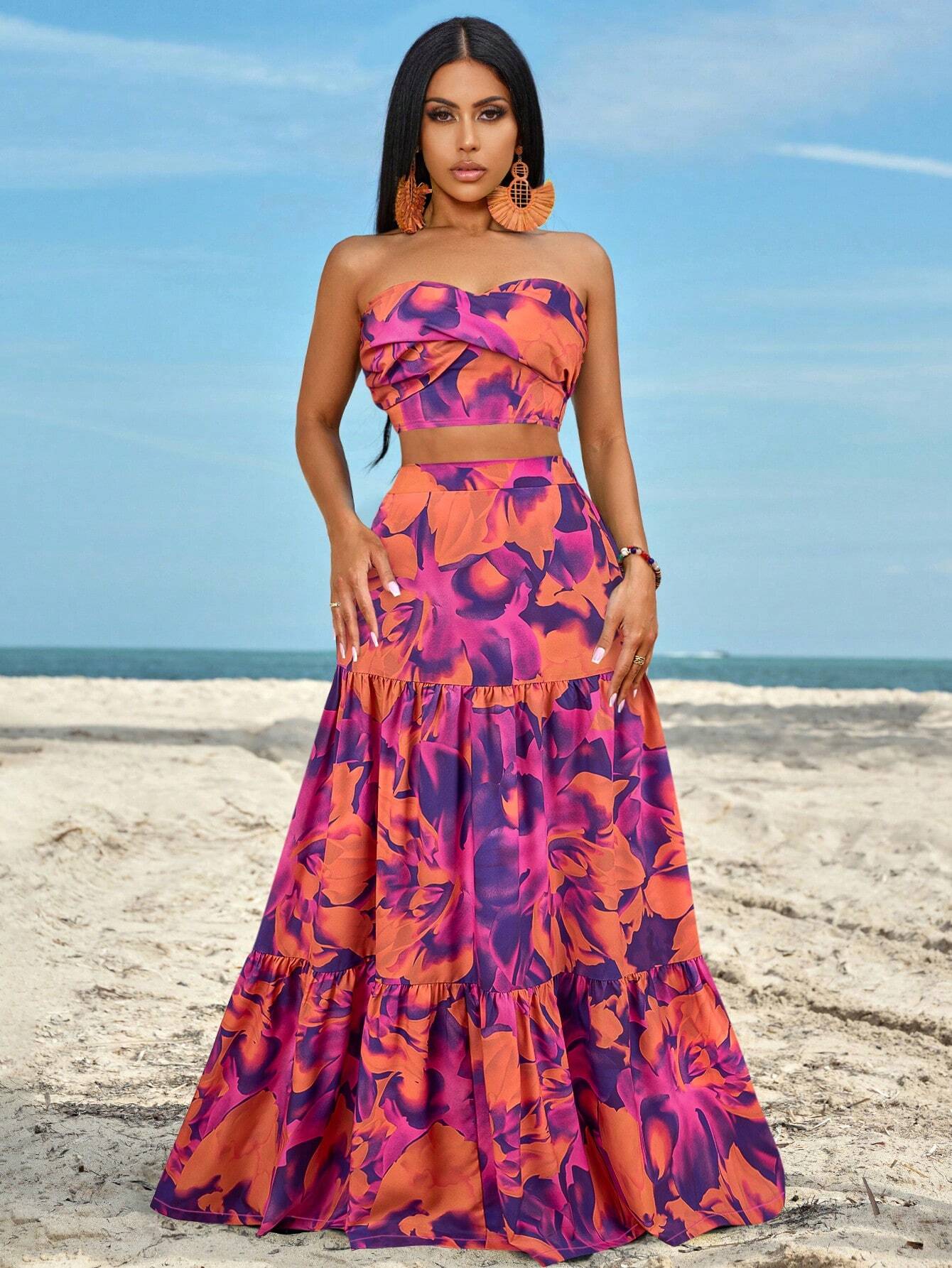 Slayr Ruched Side Twist Bandeau Top And Split Thigh Ruffle Hem Skirt Set shein