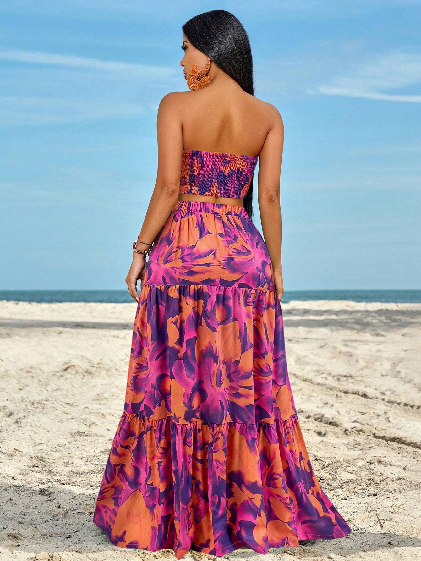 Slayr Ruched Side Twist Bandeau Top And Split Thigh Ruffle Hem Skirt Set shein