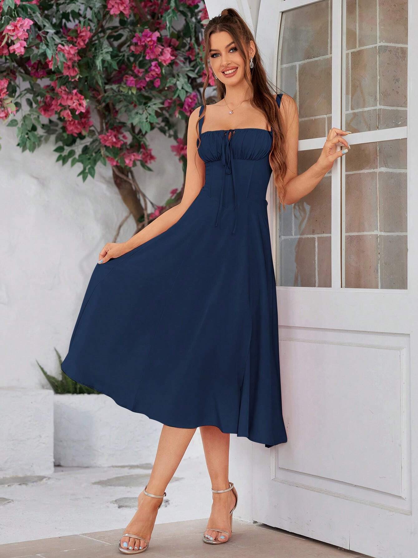 PARTHEA Backless Crisscross Lace Up Ruched Boning Corset Cami Dress Shein
