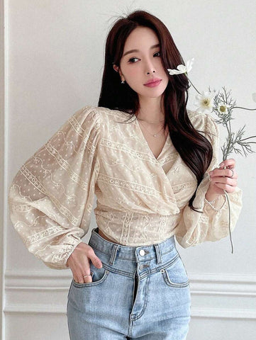 DAZY Floral Print Tie Back Lantern Sleeve Blouse