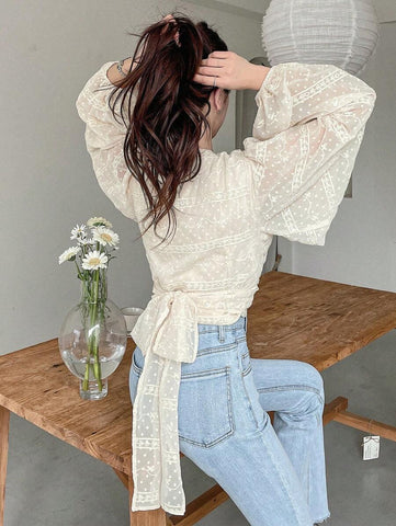 DAZY Floral Print Tie Back Lantern Sleeve Blouse