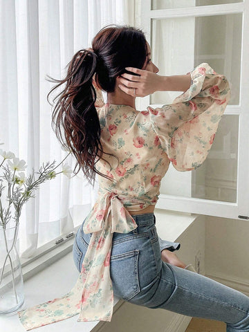 DAZY Floral Print Lantern Sleeve Tie-Waist Shirt shein