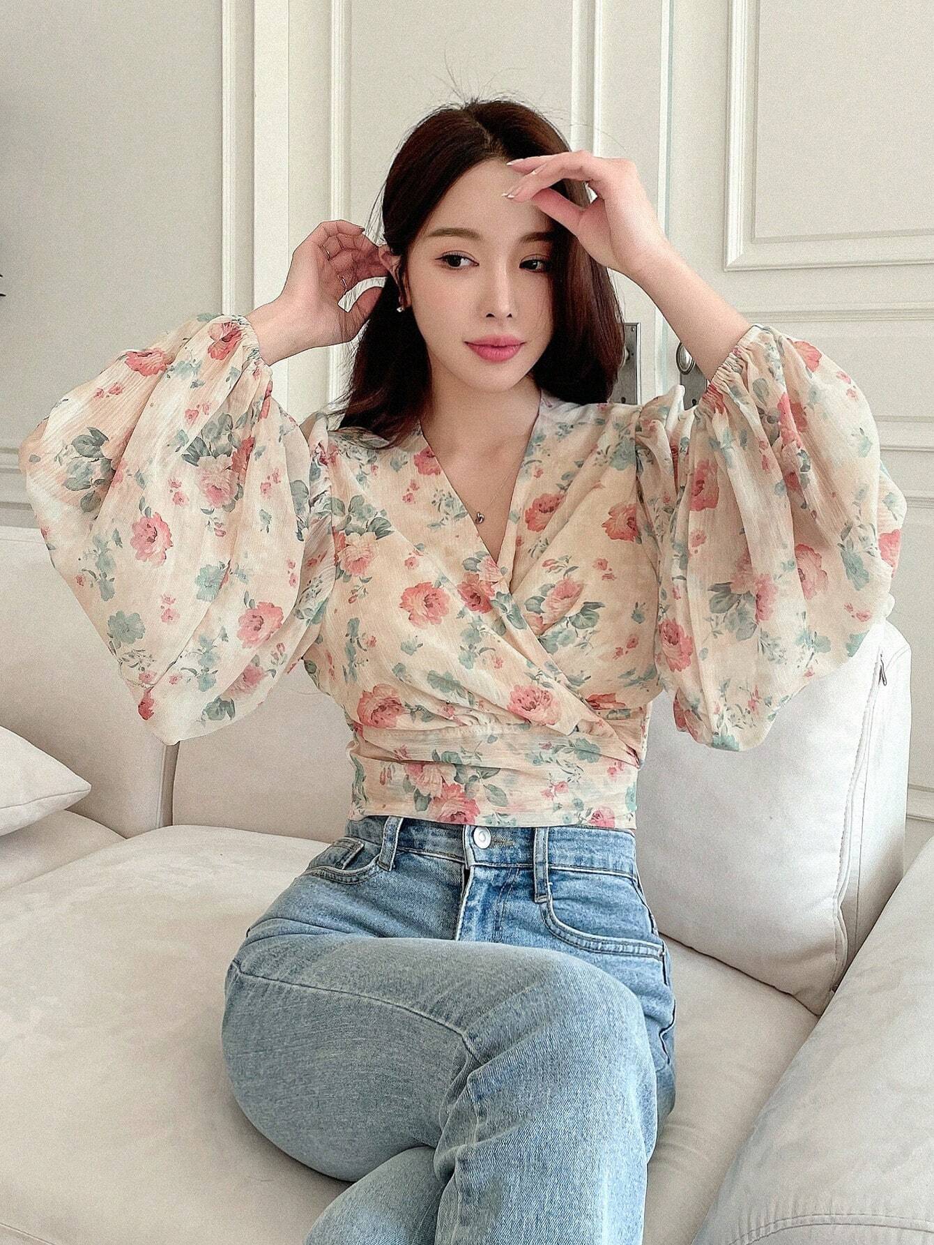 DAZY Floral Print Lantern Sleeve Tie-Waist Shirt shein