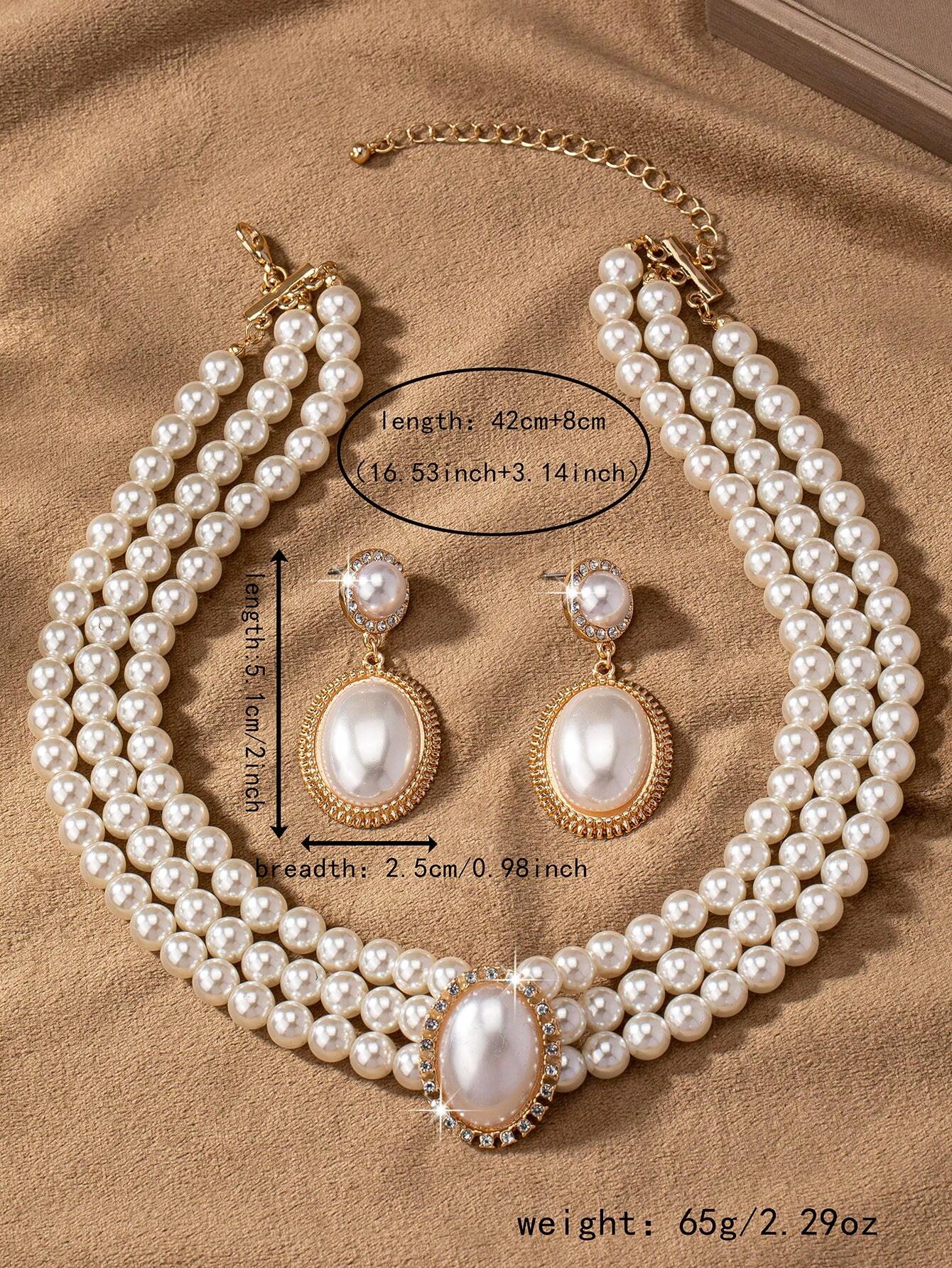 A Set Of Elegant And Romantic Cubic Zirconia Inlaid Faux Pearl Multilayer Necklace And Earrings shein