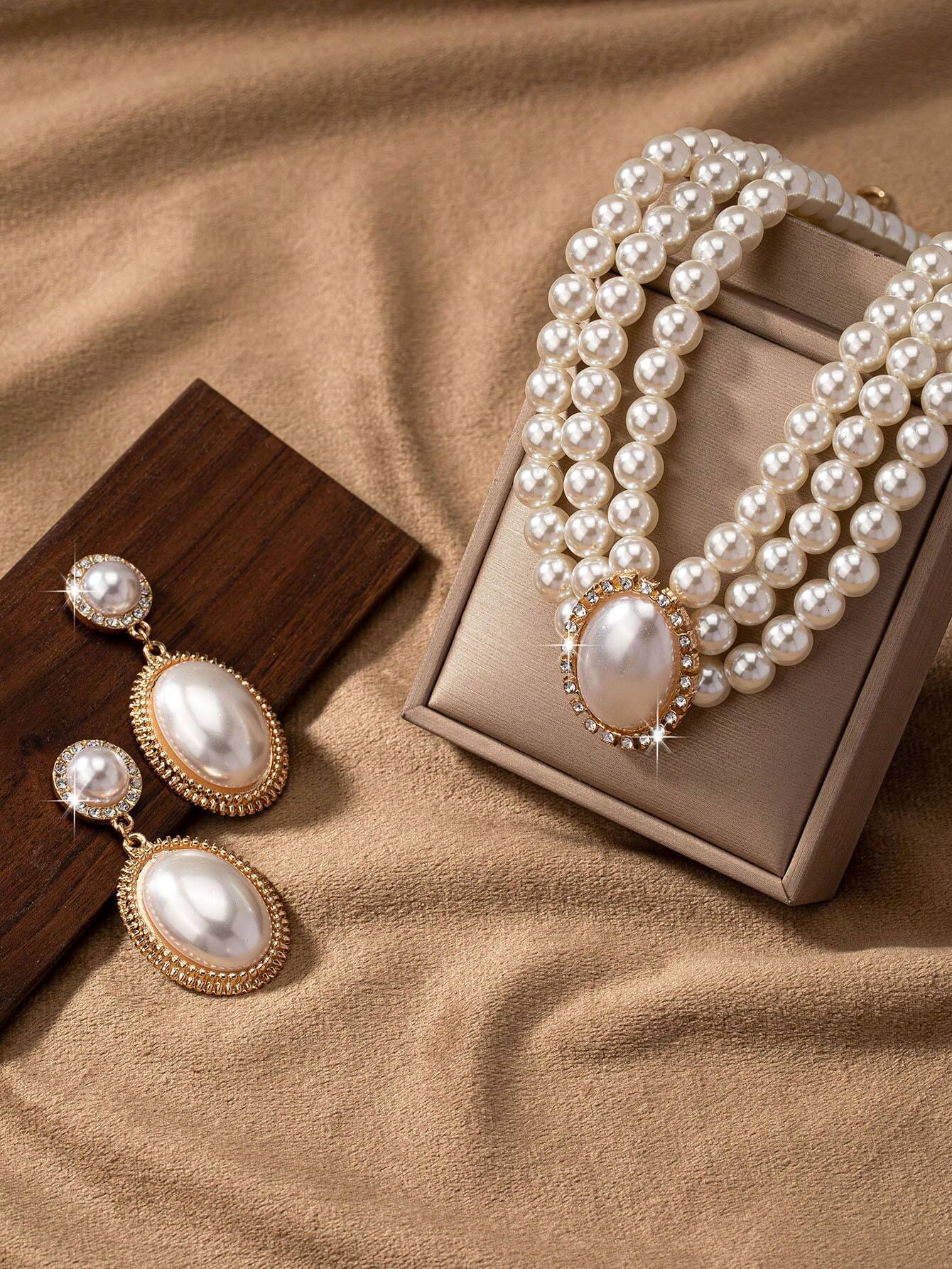 A Set Of Elegant And Romantic Cubic Zirconia Inlaid Faux Pearl Multilayer Necklace And Earrings shein