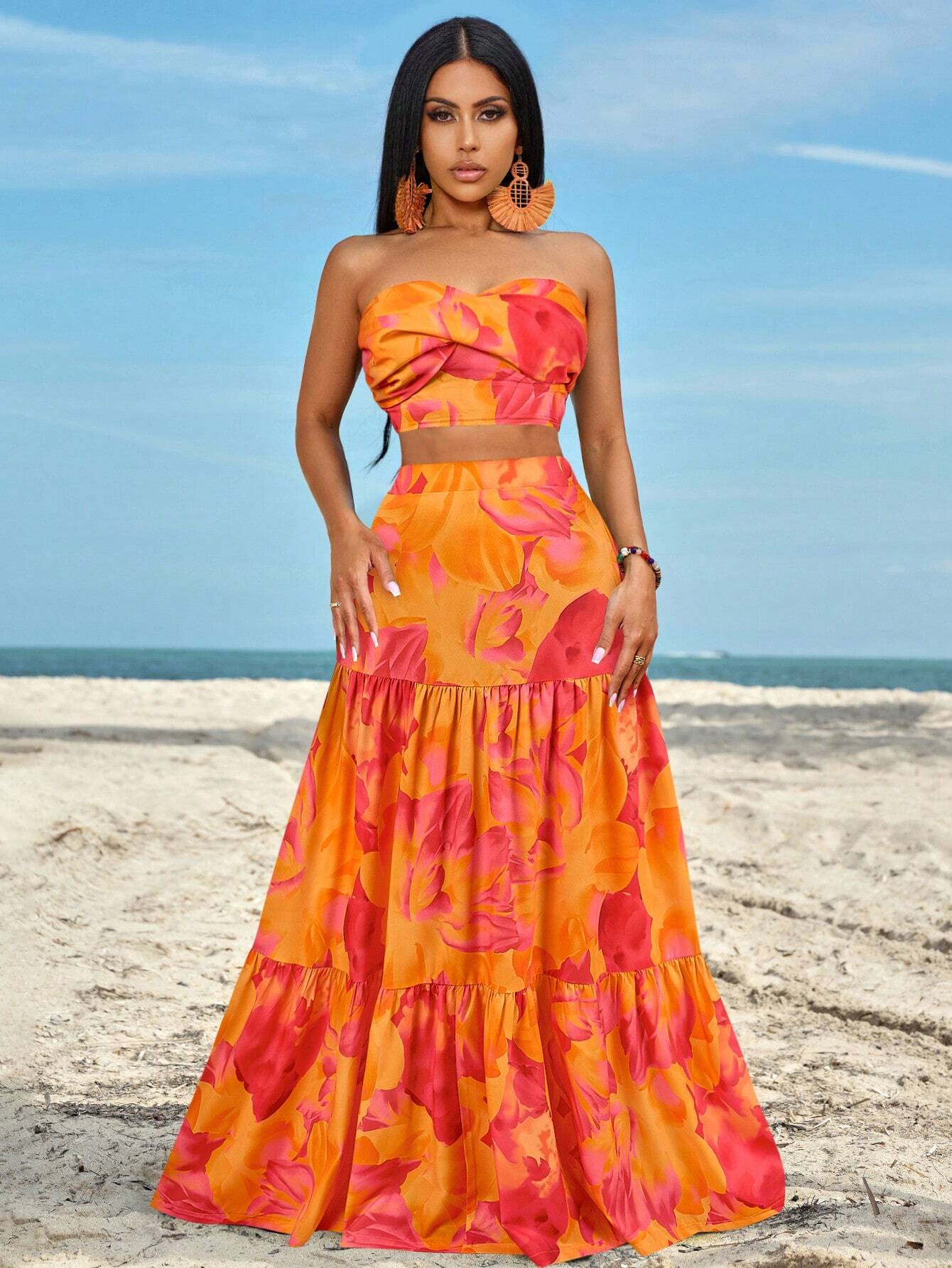 Slayr Ruched Side Twist Bandeau Top And Split Thigh Ruffle Hem Skirt Set shein