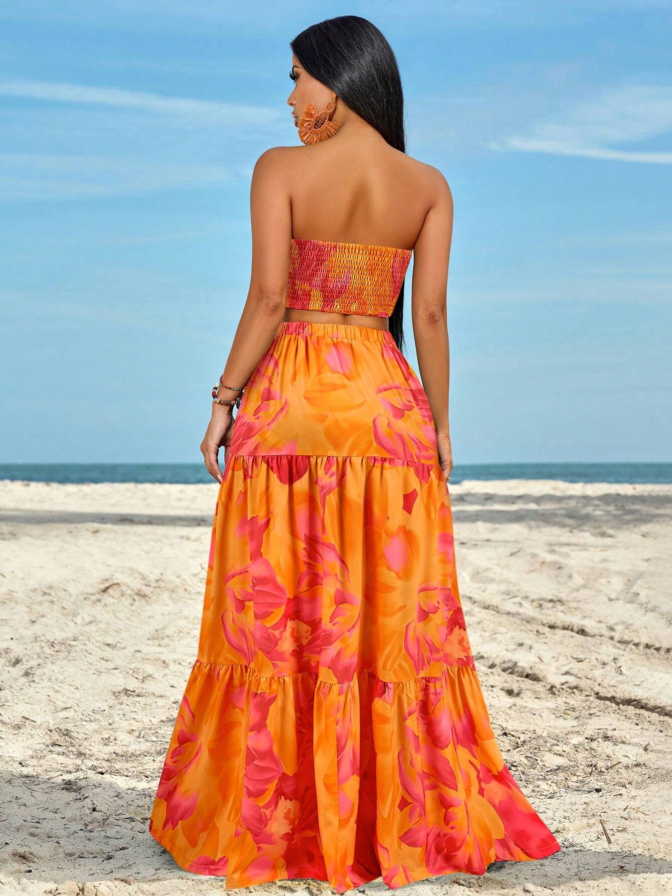 Slayr Ruched Side Twist Bandeau Top And Split Thigh Ruffle Hem Skirt Set shein