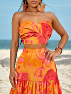Slayr Ruched Side Twist Bandeau Top And Split Thigh Ruffle Hem Skirt Set shein