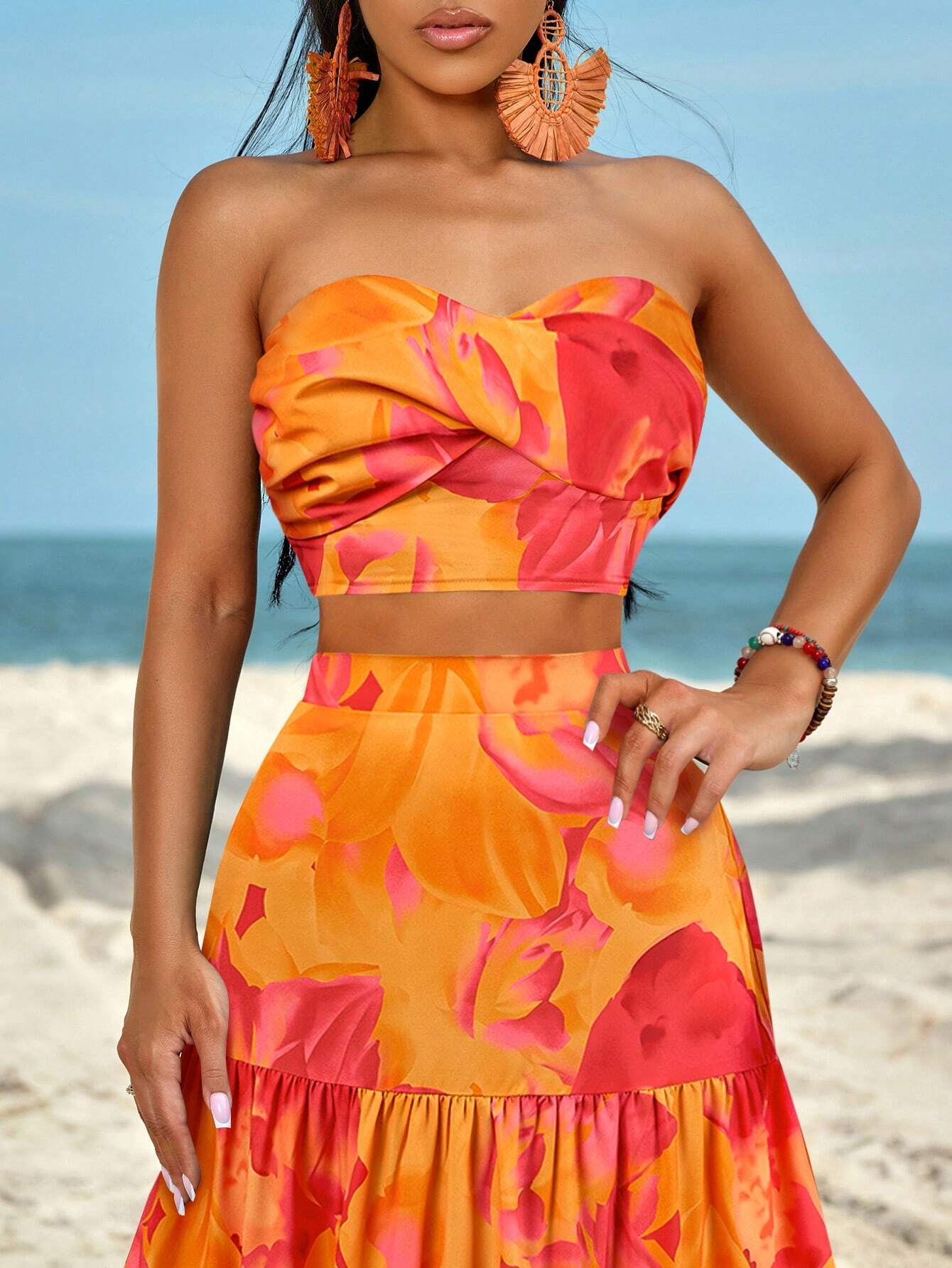 Slayr Ruched Side Twist Bandeau Top And Split Thigh Ruffle Hem Skirt Set shein