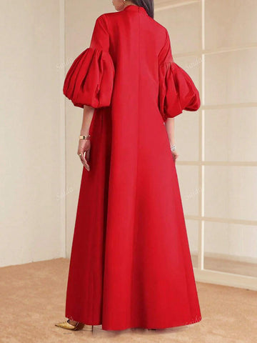 Women Elegant Solid Colored Stand Collar Bishop Sleeve Maxi Formal Dress shein