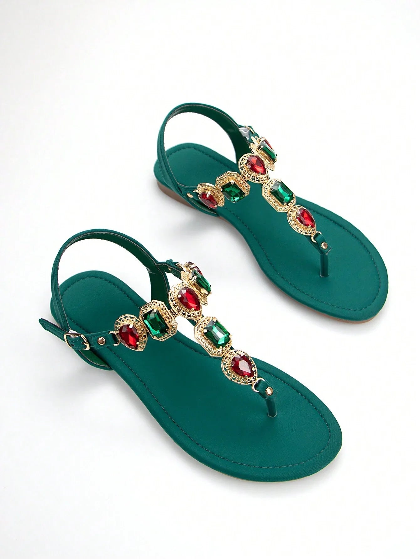 Women Rhinestone Decor Ankle Strap Thong Sandals shein