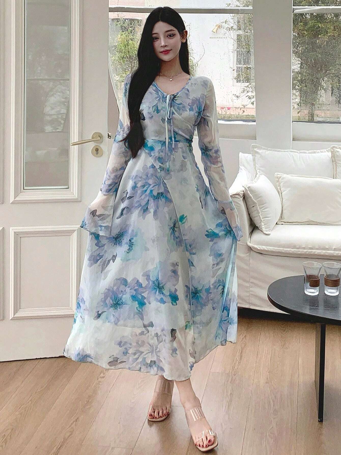 DAZY Women V-Neck Floral Printed Long Sleeve Chiffon Dress With Waist Tie shein