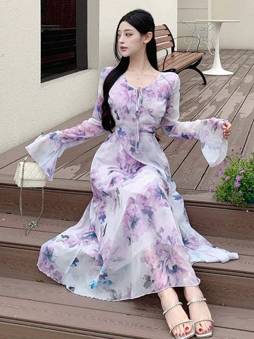 DAZY Women V-Neck Floral Printed Long Sleeve Chiffon Dress With Waist Tie shein