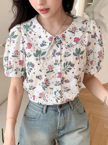 DAZY Floral Embroidery Peter Pan Collar Puff Sleeve Shirt shein