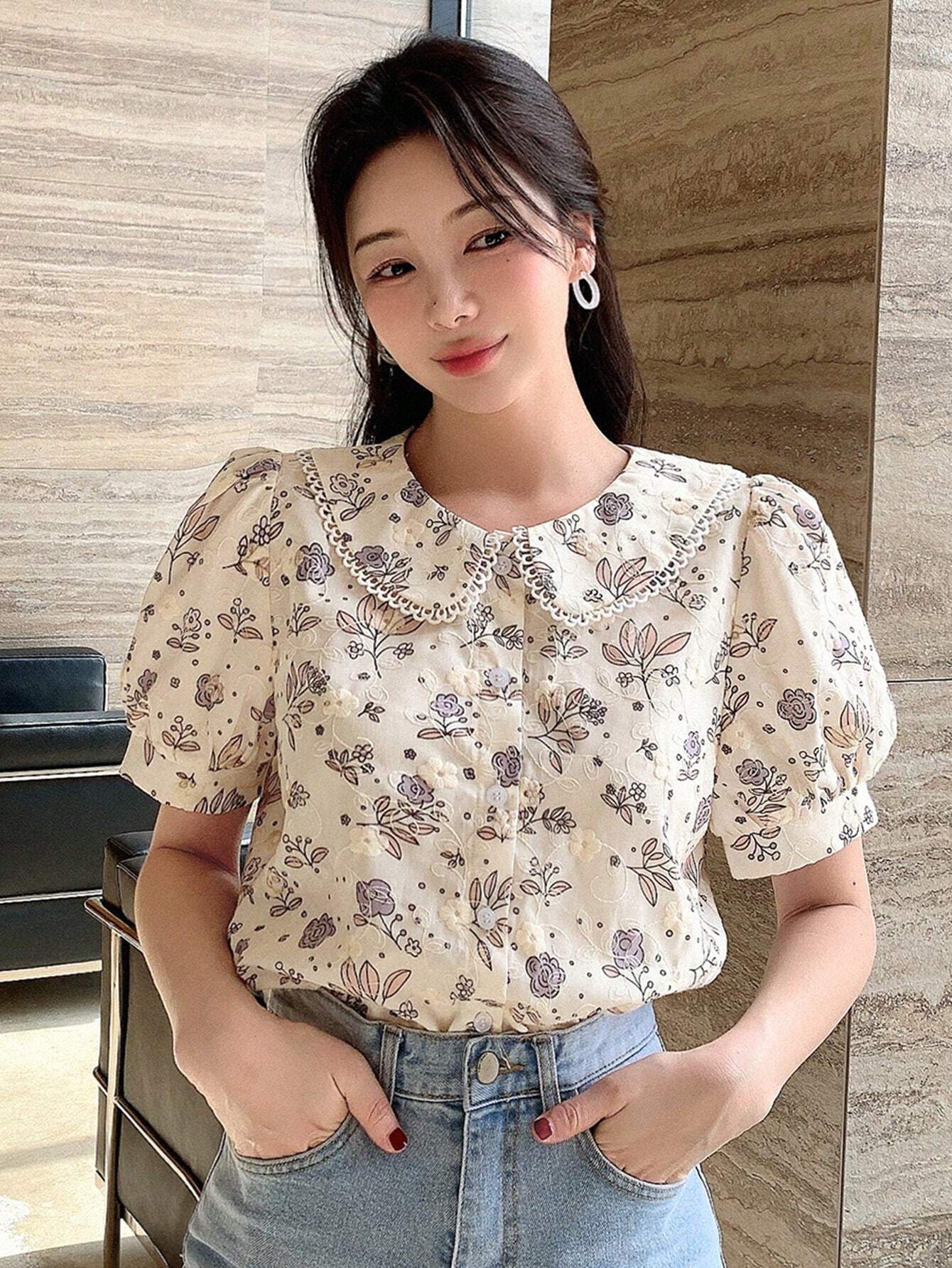 DAZY Floral Embroidery Peter Pan Collar Puff Sleeve Shirt shein