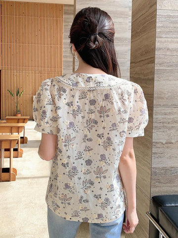 DAZY Floral Embroidery Peter Pan Collar Puff Sleeve Shirt shein