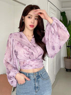 DAZY Floral Print Lantern Sleeve Tie-Waist Shirt shein