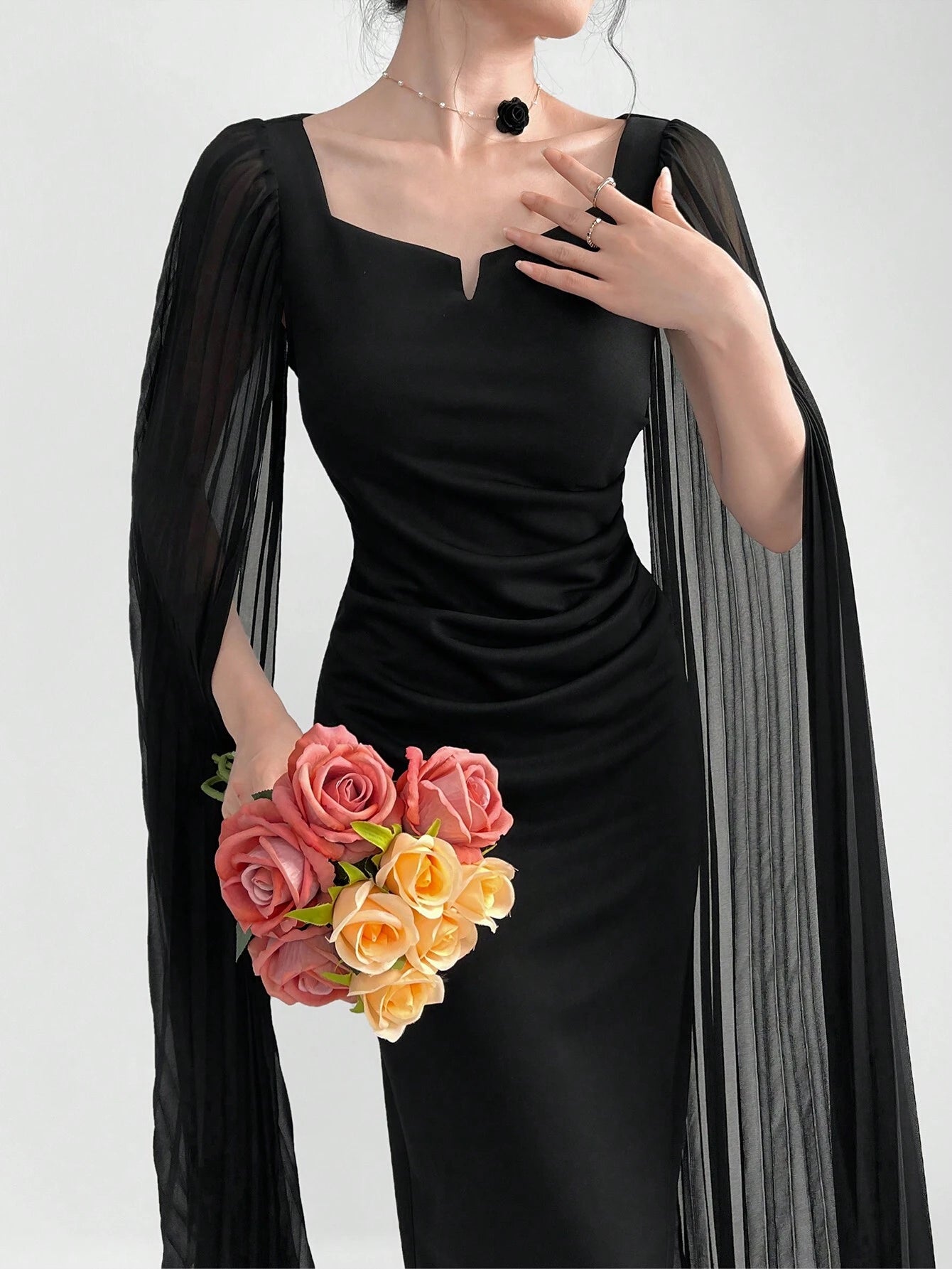 Modely Elegant Dress With A Notched Collar, Pleats, Cinched Waistline, Cape Sleeves shein