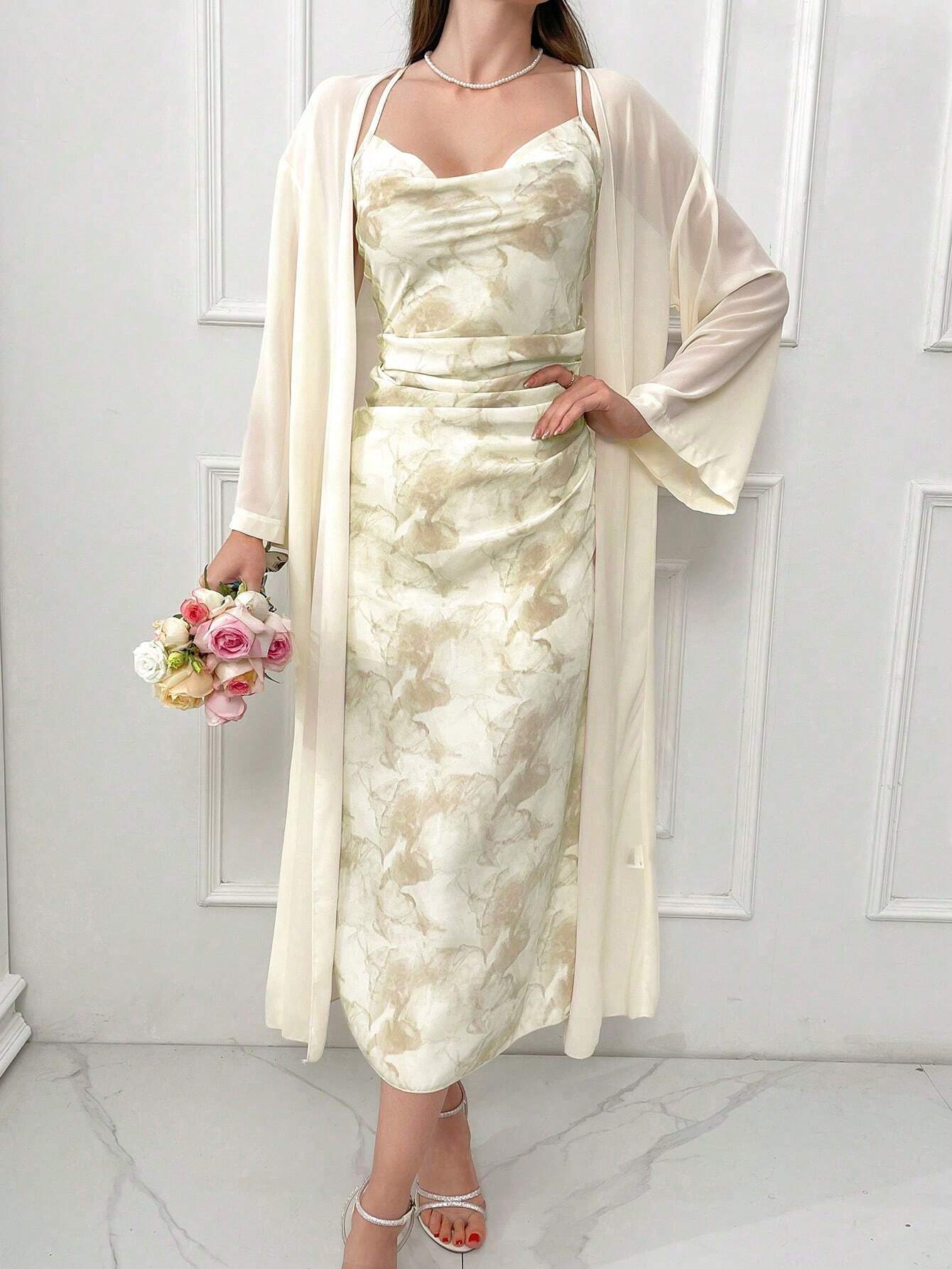 Modely Tie Dye Cowl Neck Cami Dress & Solid Drop Shoulder Coat Sets shein