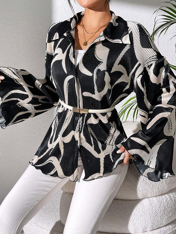 LUNE Women's Random Floral Print Bell Sleeve Blouse
