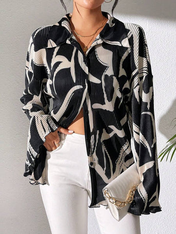 LUNE Women's Random Floral Print Bell Sleeve Blouse
