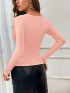 Privé Women's Round Neck Oversized Bow Decor Long Sleeve Fitted Elegant Gentle Sweet T-Shirt shein