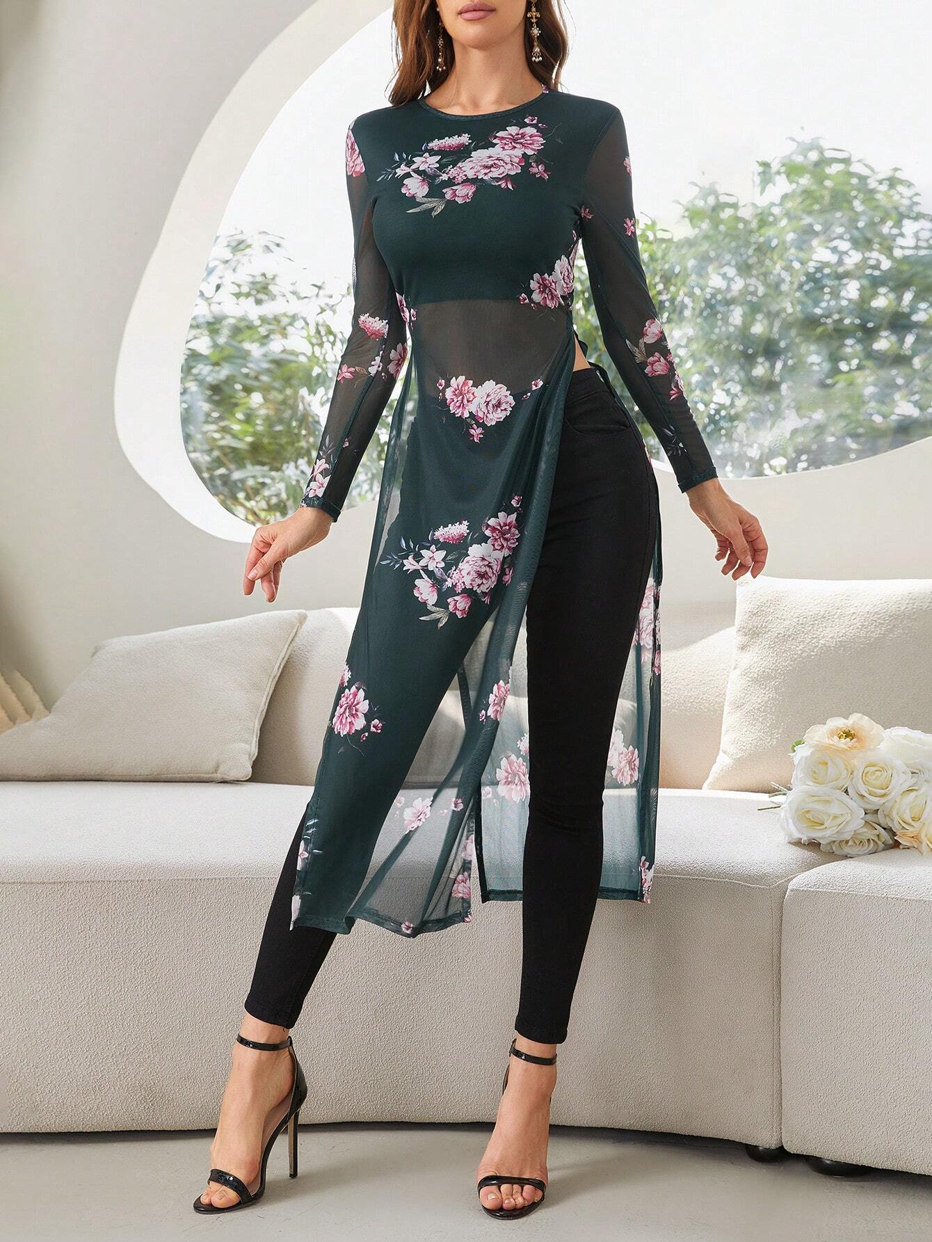 Mulvari Floral Print Slit Hem Mesh Top Without Belt shein