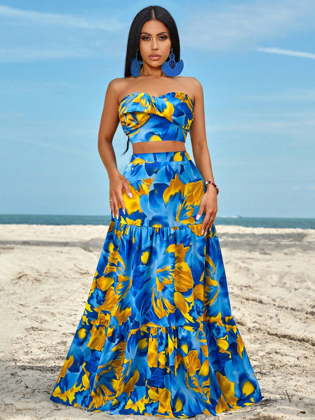 Slayr Ruched Side Twist Bandeau Top And Split Thigh Ruffle Hem Skirt Set shein