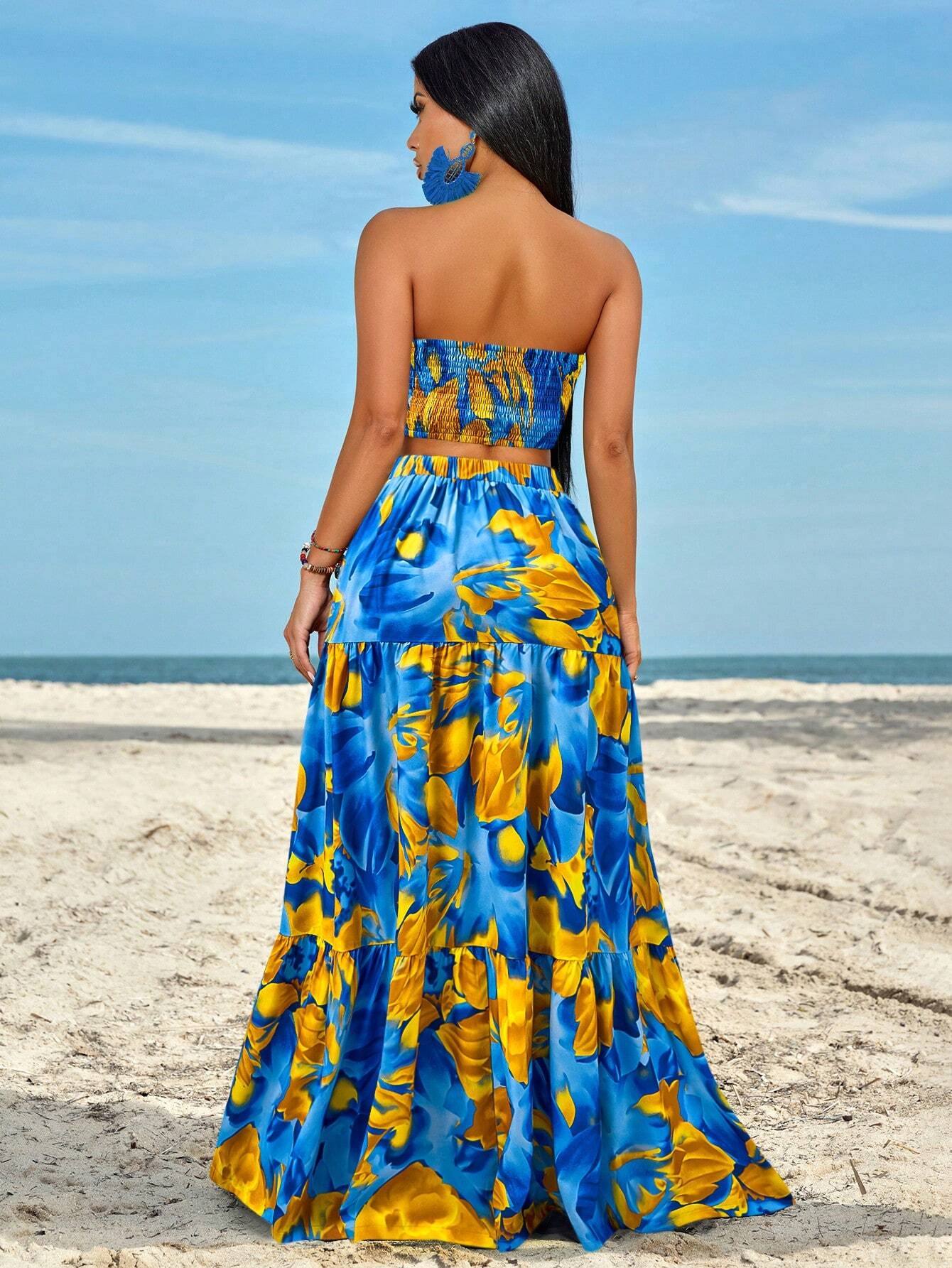 Slayr Ruched Side Twist Bandeau Top And Split Thigh Ruffle Hem Skirt Set shein