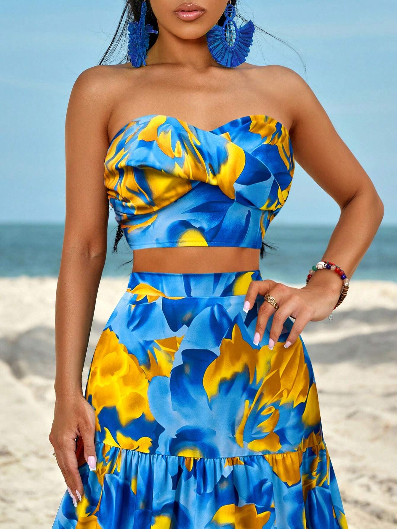 Slayr Ruched Side Twist Bandeau Top And Split Thigh Ruffle Hem Skirt Set shein