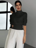 Firerie Women Solid Color Slim Fit Stand Collar Waist Cinched Elegant Streetwear T-Shirt shein
