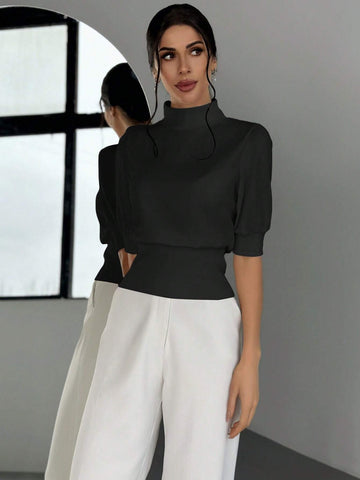Firerie Women Solid Color Slim Fit Stand Collar Waist Cinched Elegant Streetwear T-Shirt
