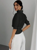 Firerie Women Solid Color Slim Fit Stand Collar Waist Cinched Elegant Streetwear T-Shirt shein