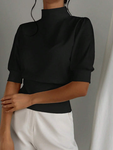 Firerie Women Solid Color Slim Fit Stand Collar Waist Cinched Elegant Streetwear T-Shirt