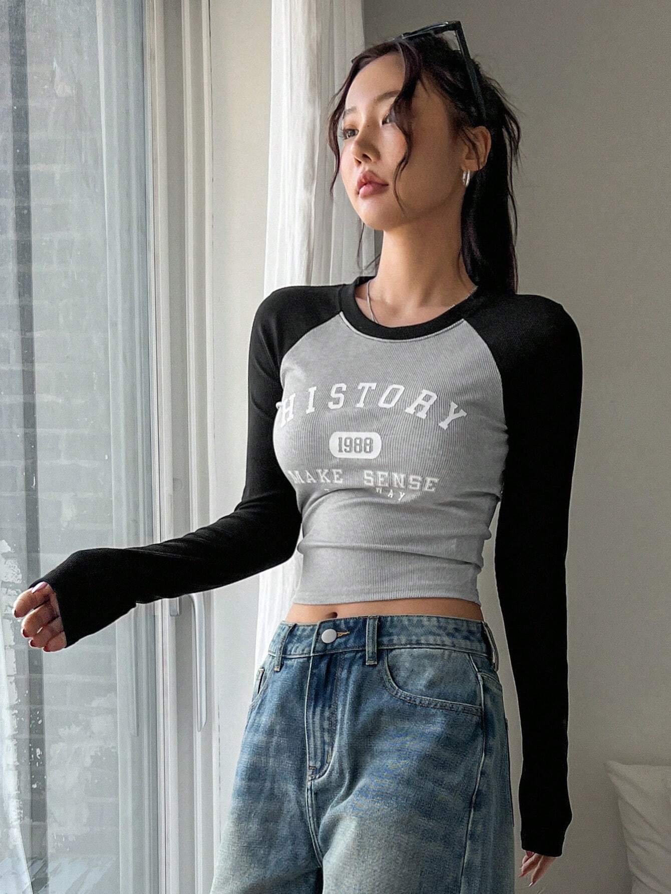 DAZY Color Block Raglan Sleeve Letter Print Round Neck Slim Fit Long Sleeve Women's T-Shirt shein
