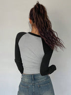 DAZY Color Block Raglan Sleeve Letter Print Round Neck Slim Fit Long Sleeve Women's T-Shirt shein