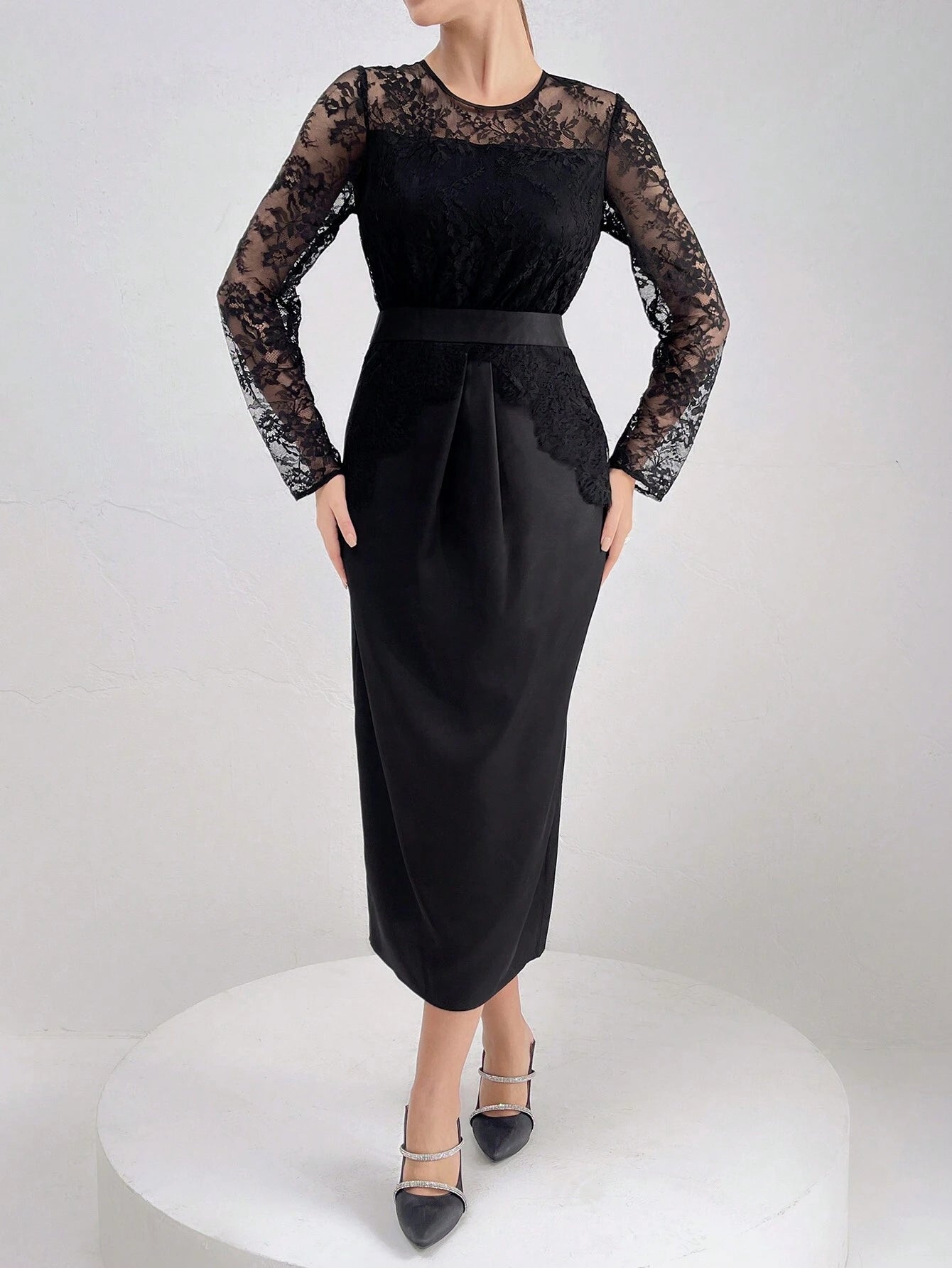 Modely Elegant Lace Splice Belted Dress shein