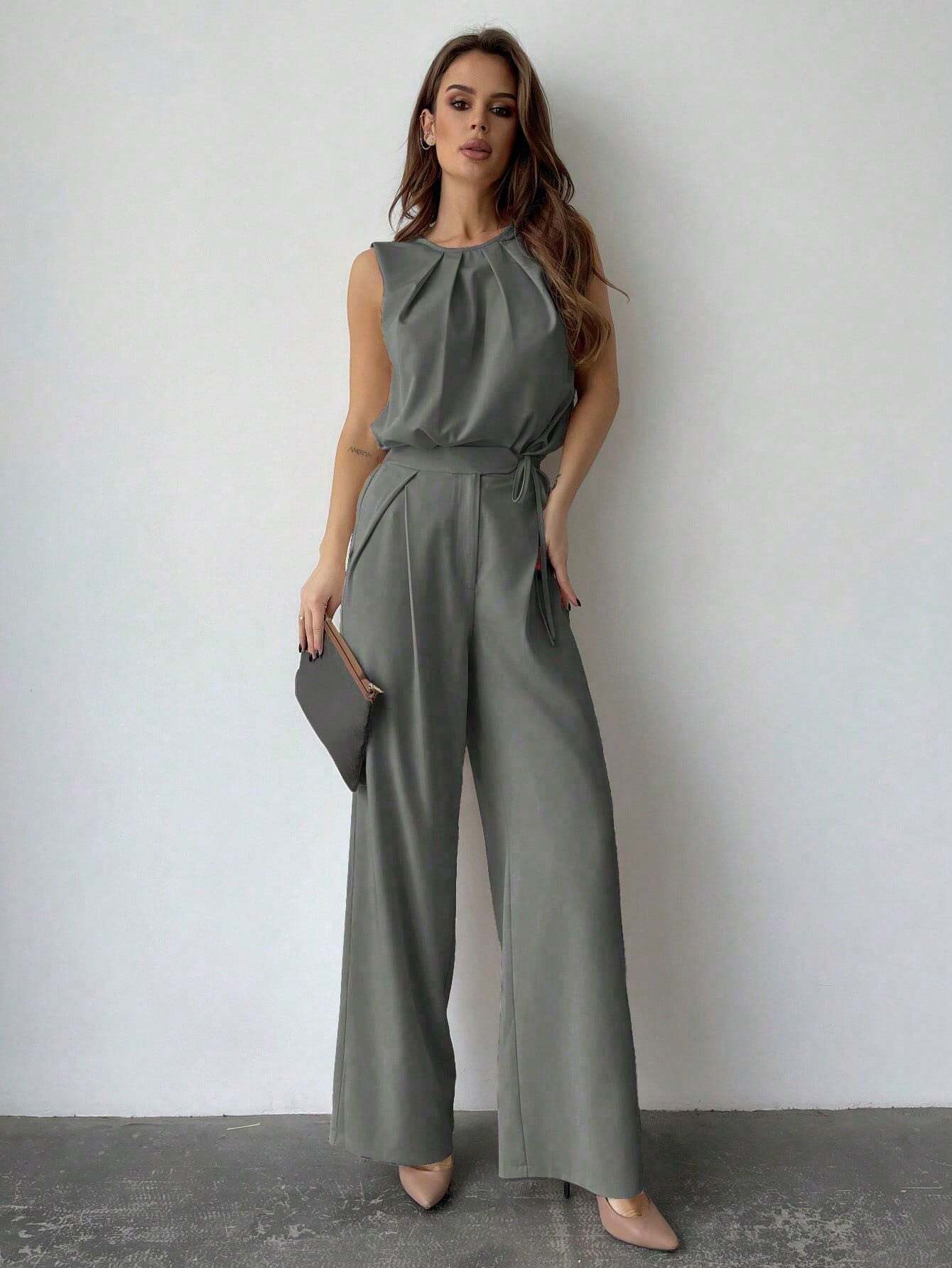 Privé Solid Color Round Neck Pleated Top And Wide Leg Pants shein