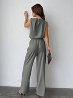 Privé Solid Color Round Neck Pleated Top And Wide Leg Pants shein