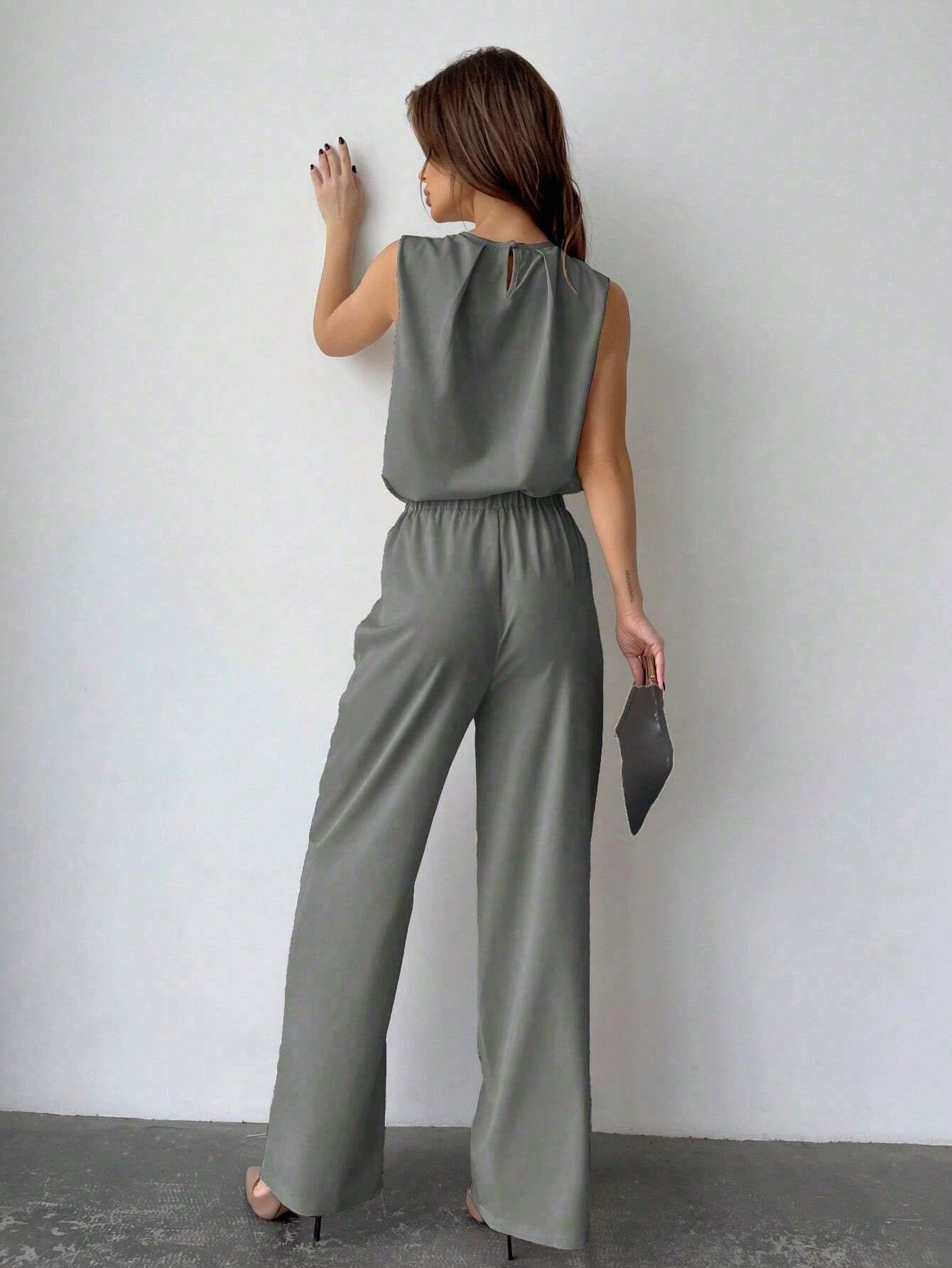 Privé Solid Color Round Neck Pleated Top And Wide Leg Pants shein