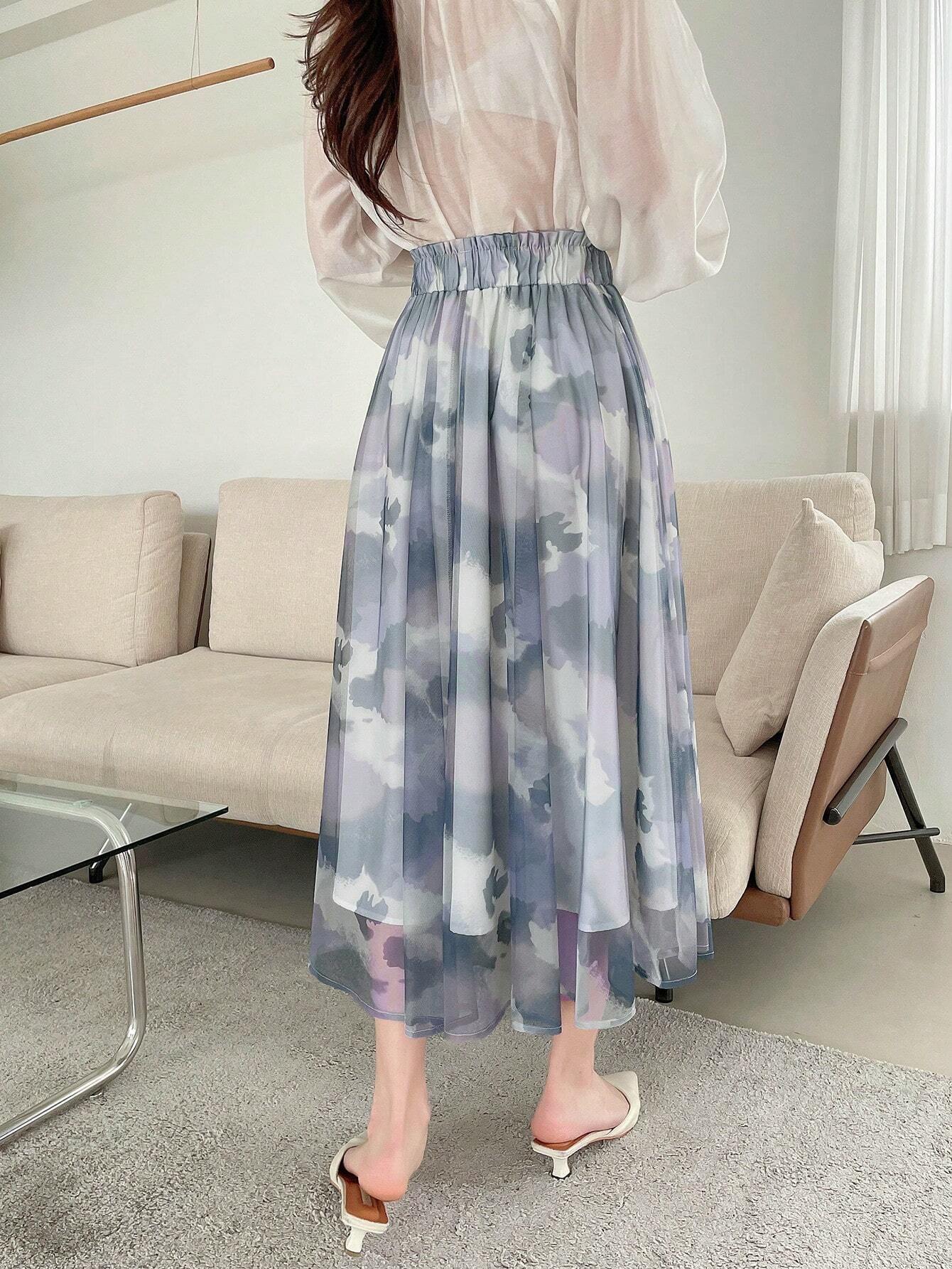 DAZY Ink Printed Chiffon A-Line Mid-Length Skirt shein