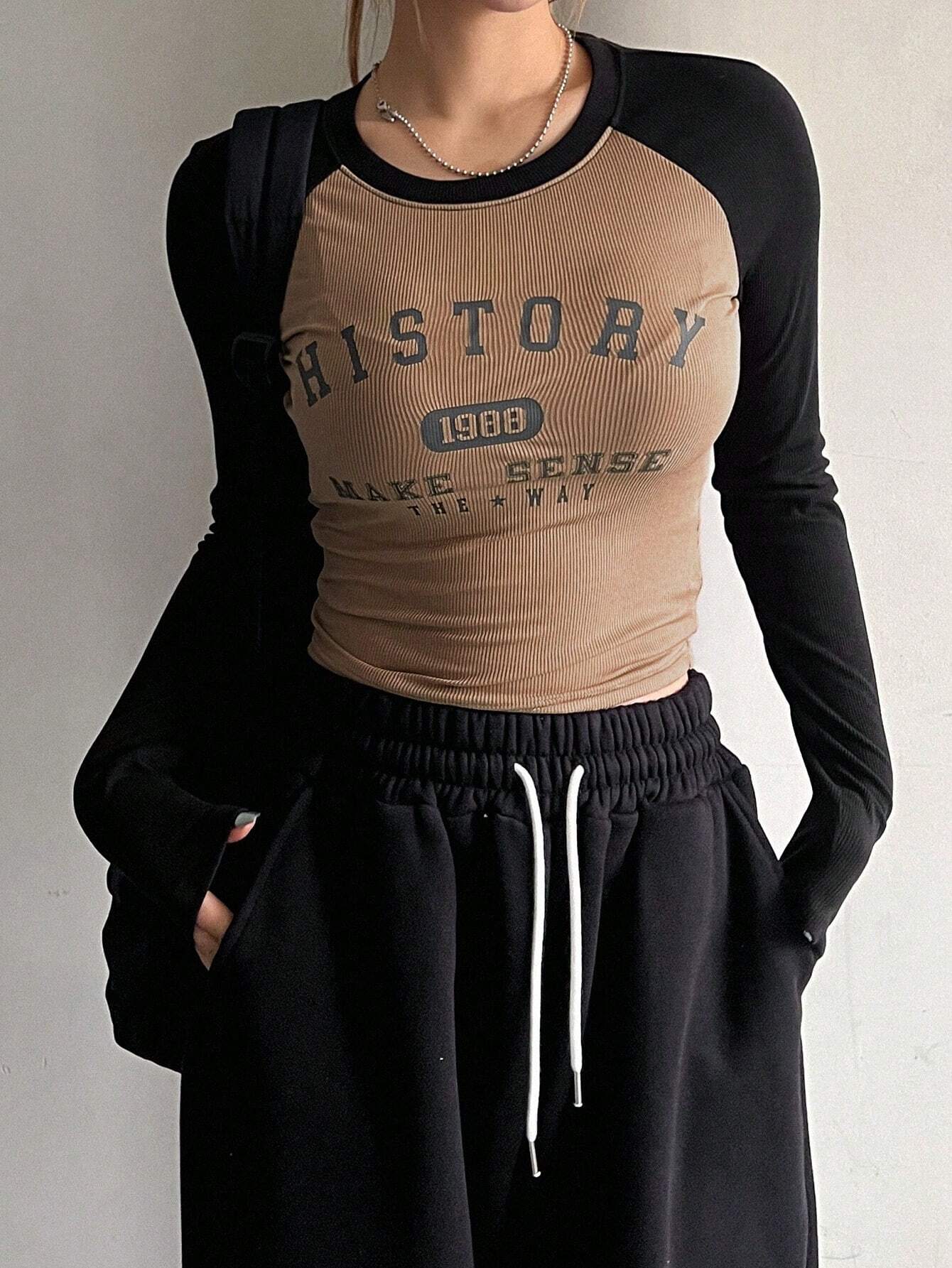 DAZY Color Block Raglan Sleeve Letter Print Round Neck Slim Fit Long Sleeve Women's T-Shirt shein
