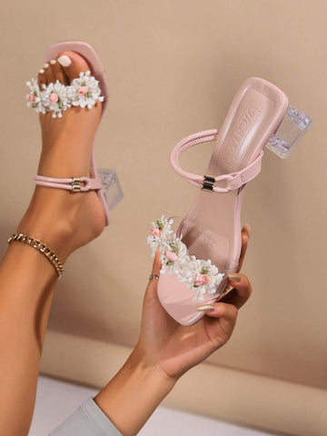 Women Flower Decor Clear Chunky Heeled Ankle Strap Sandals shein