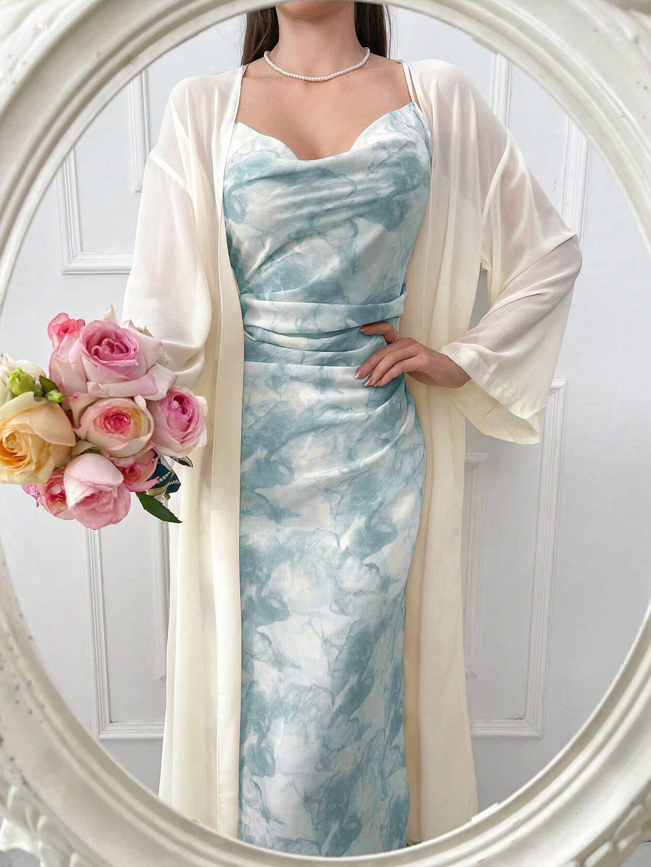 Modely Tie Dye Cowl Neck Cami Dress & Solid Drop Shoulder Coat Sets shein