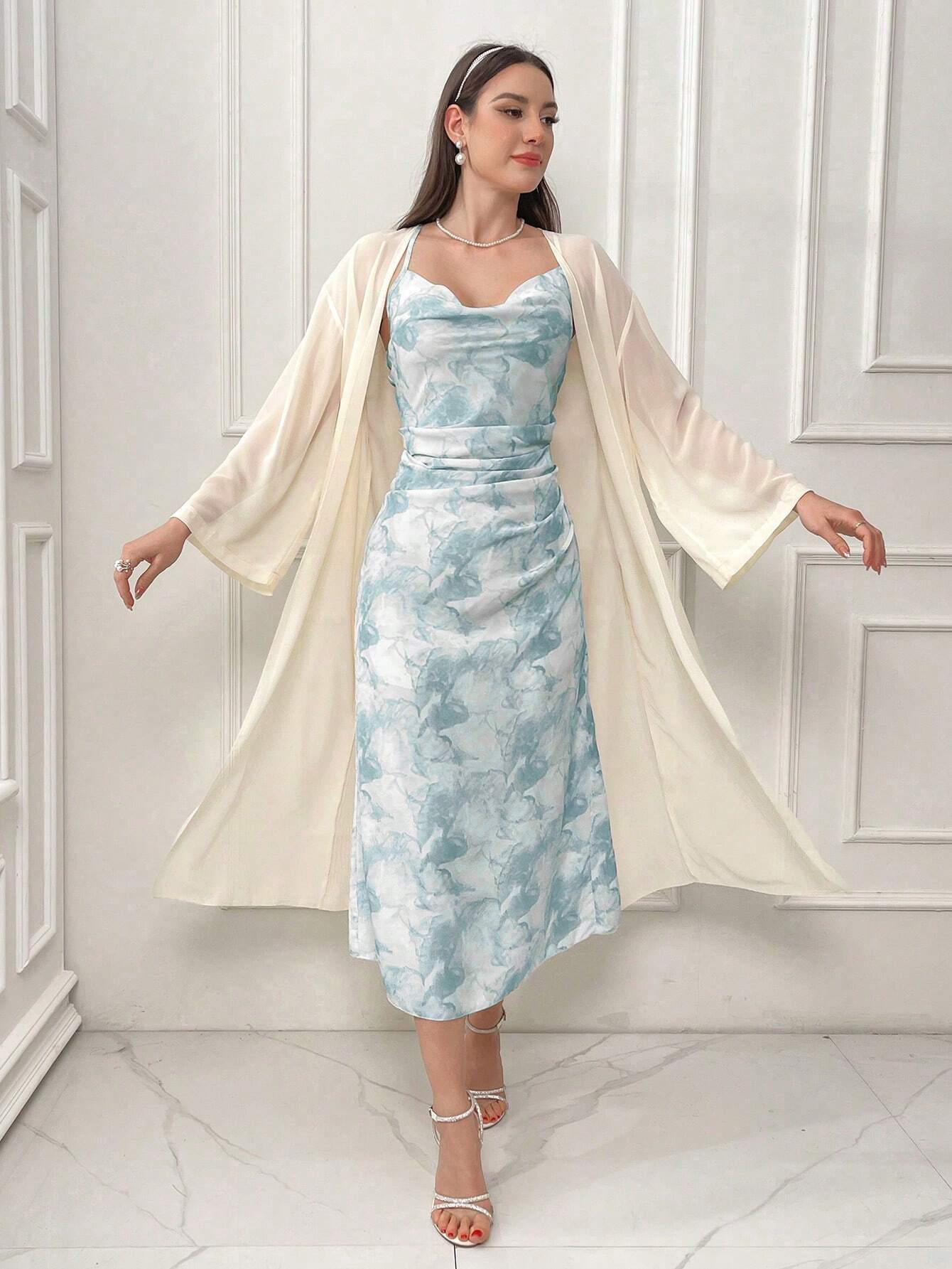 Modely Tie Dye Cowl Neck Cami Dress & Solid Drop Shoulder Coat Sets shein