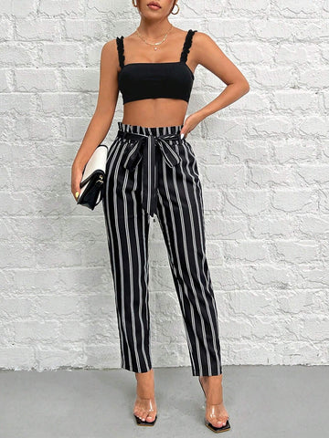 PETITE Ruffle Trim Belted Strapless Top And Striped High Waisted Pants shein