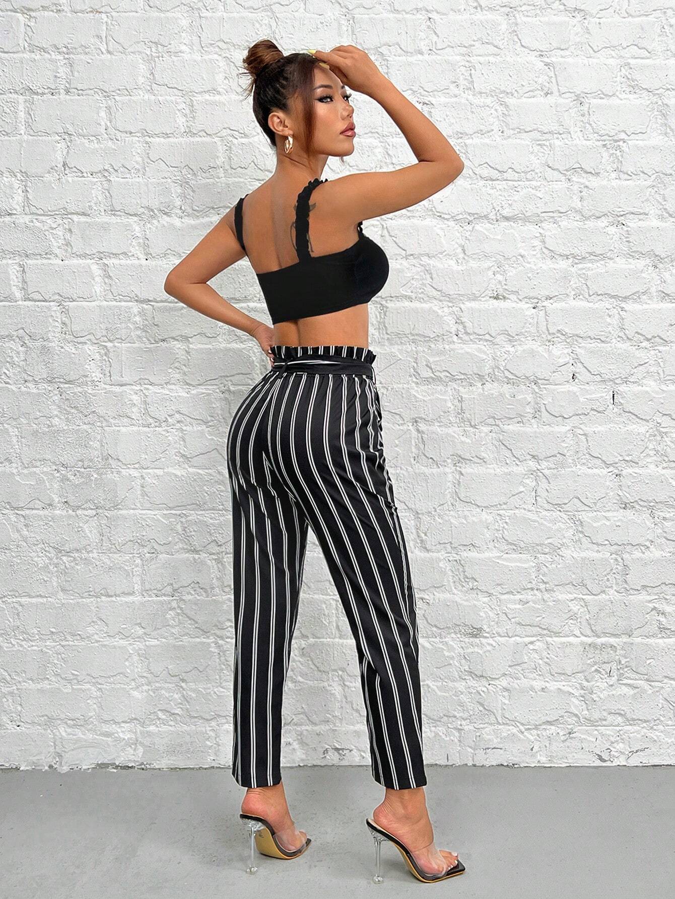 PETITE Ruffle Trim Belted Strapless Top And Striped High Waisted Pants shein