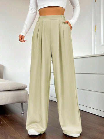 EZwear Solid Color Pleated Wide Leg Pants shein