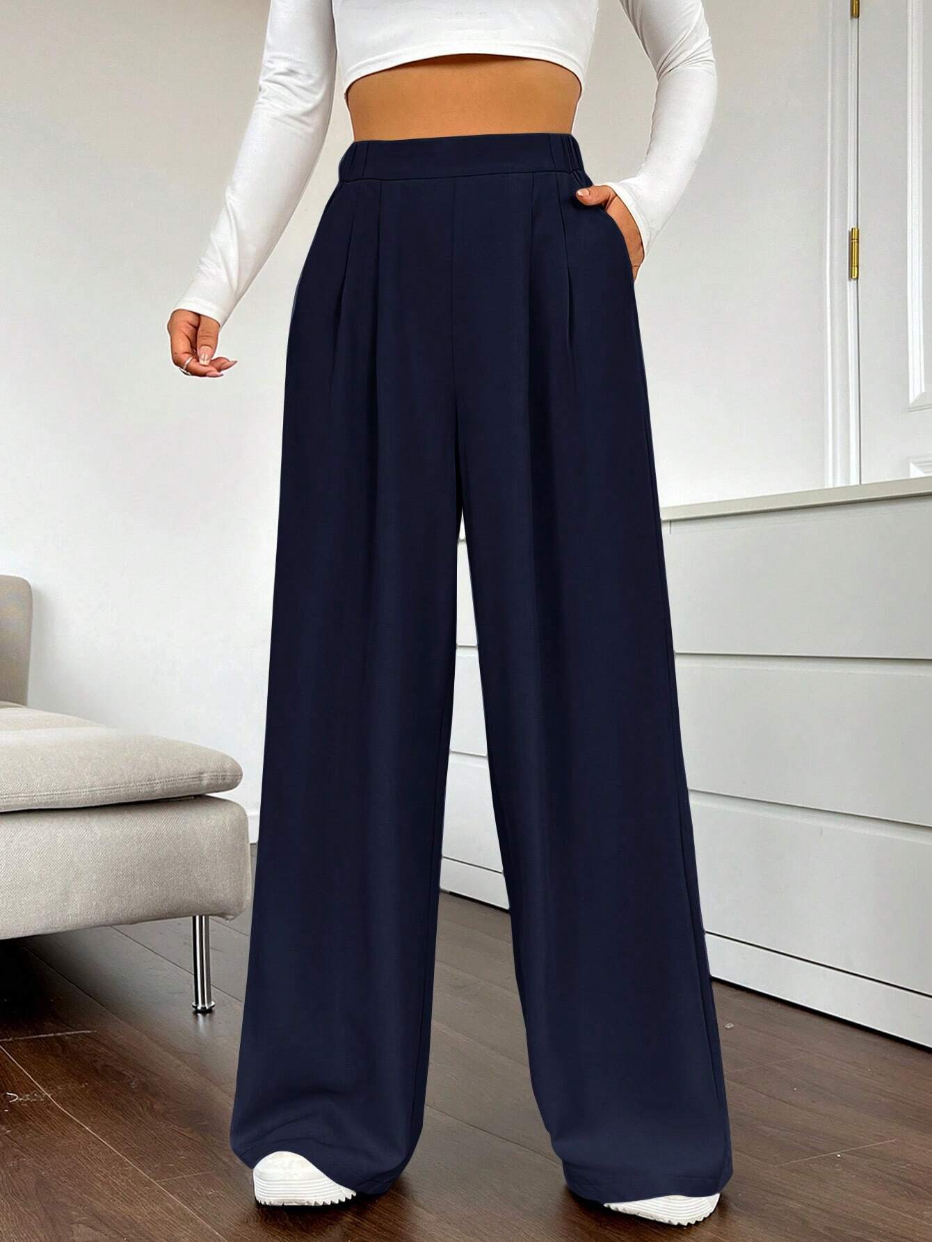 EZwear Solid Color Pleated Wide Leg Pants shein