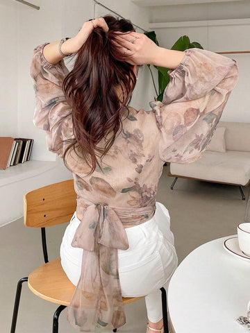 DAZY Floral Print Lantern Sleeve Tie-Waist Shirt shein